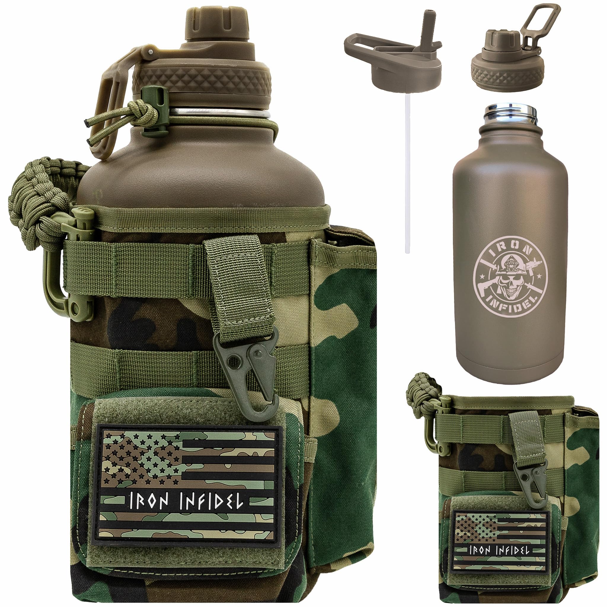 Iron Infidel Battle Bottle - One Gallon Insulated Water Bottle with Dual Carry Handles - 128 oz Tactical Stainless Steel Water Jug & Rugged Extra Large Sleeve With Storage (OCP Camo 128 Ounces)