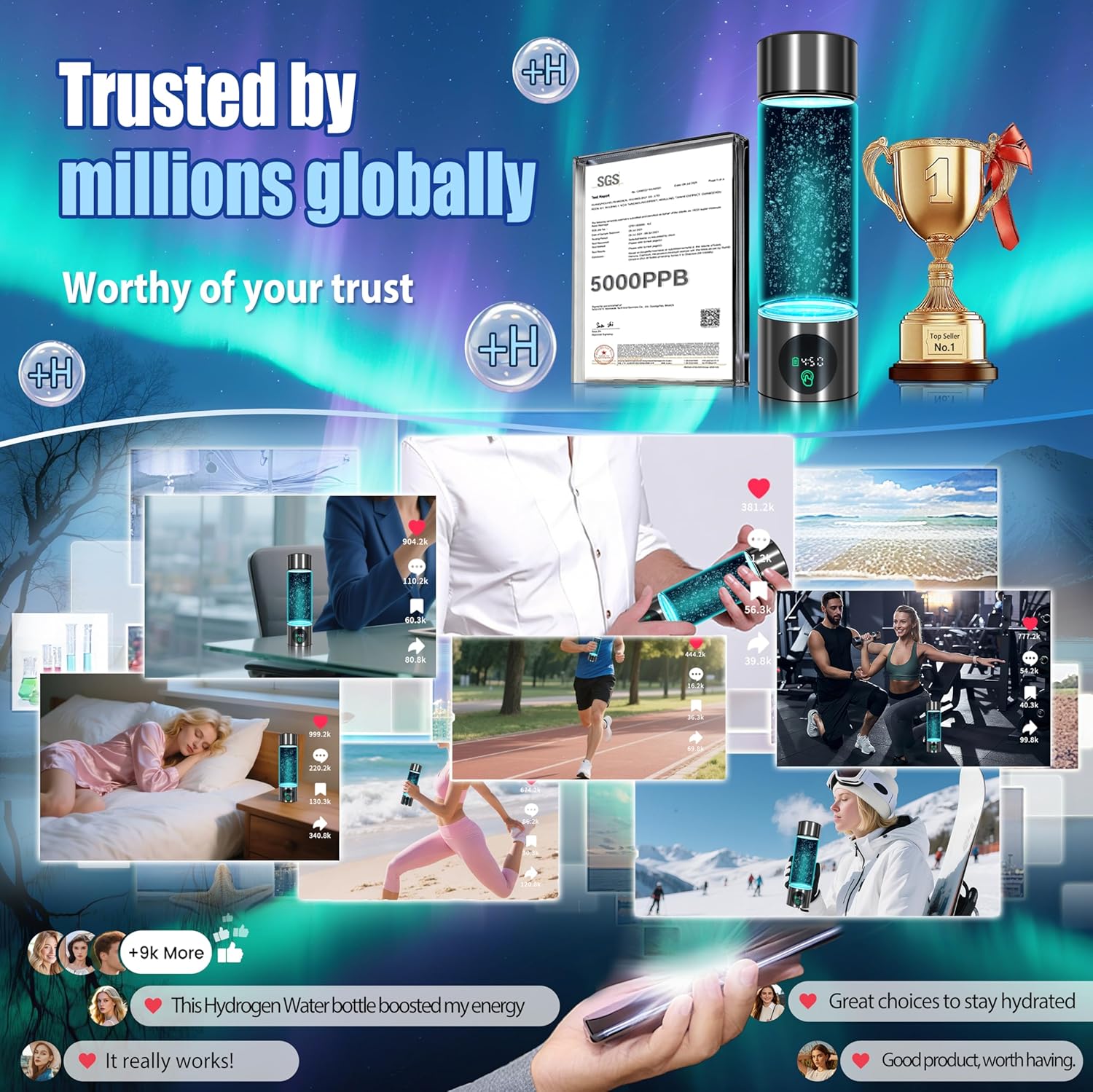 5.0 New Upgraded Hydrogen Water Bottle - Hydrogen Concentration up to 6000 PPB【SGS-Certified Hydrogen Generator】 2025 SPE/PEM Technology Odorless Double Hydrogen Content for Sports/Home/Office/Travel