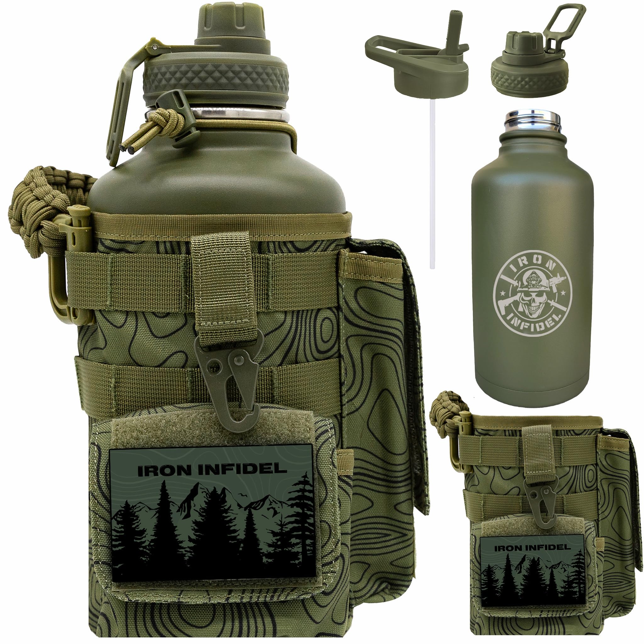 Iron Infidel Battle Bottle - One Gallon Insulated Water Bottle with Dual Carry Handles - 128 oz Tactical Stainless Steel Water Jug & Rugged Extra Large Sleeve With Storage (OCP Camo 128 Ounces)